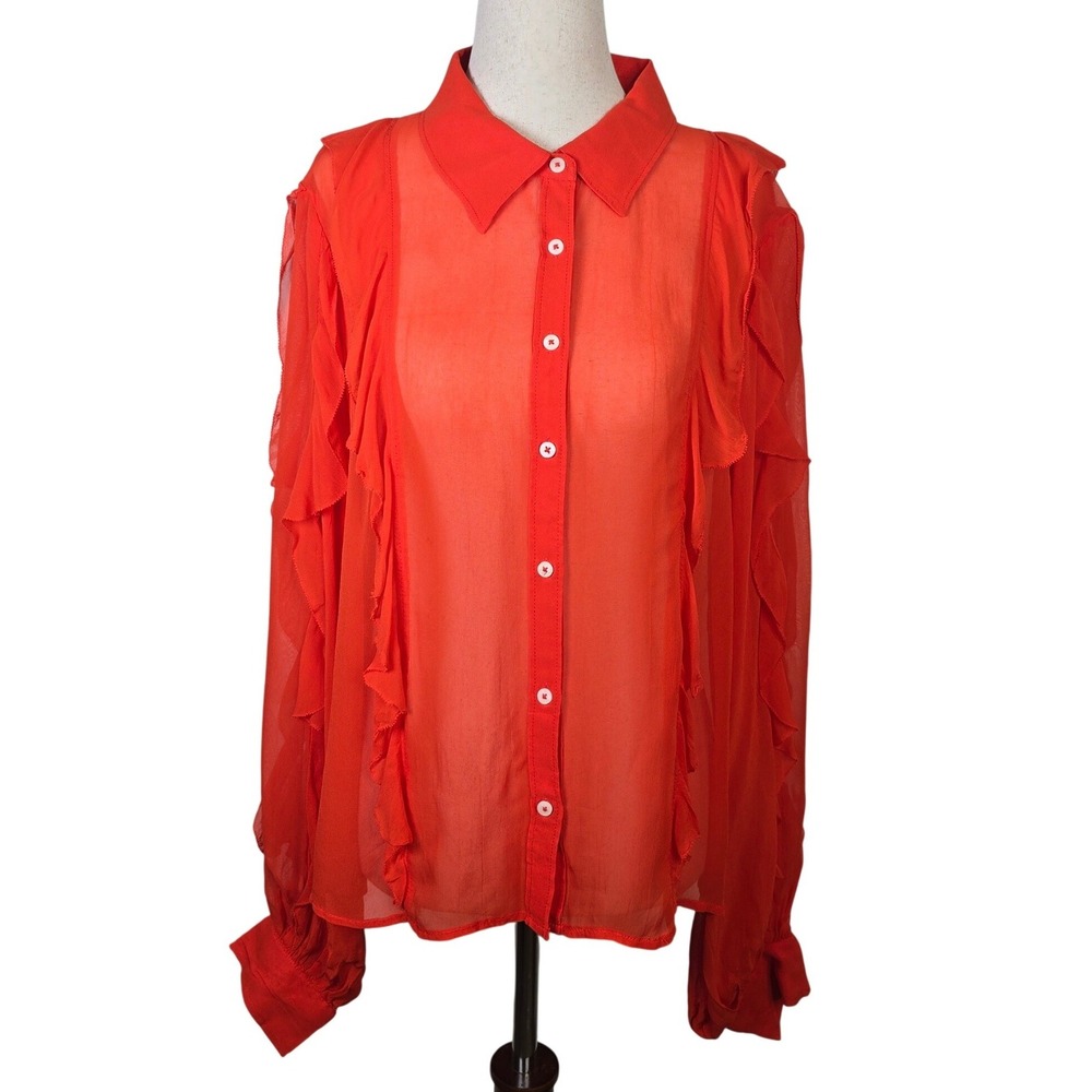 Maeve by Anthropologie Red Ruffle Sheer Button Down Blouse Large‎
